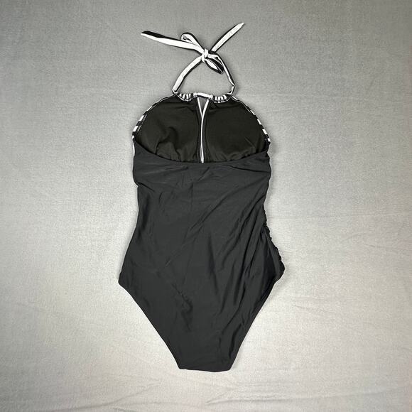Tempt Me Swimsuit One Piece Womens Small Black White Halter Tie V Neck Ruched - Picture 2 of 11